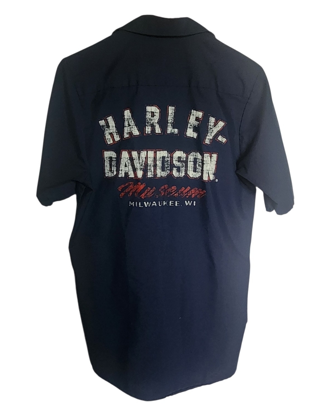 Harley-Davidson  Logo Museum Garage Work Shirt in Navy Blue VTG Unisex Milwaukee